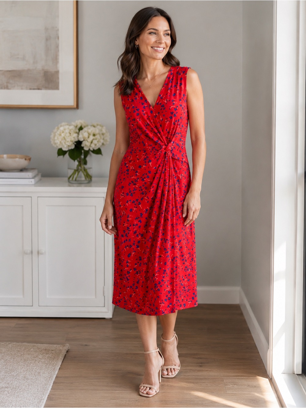 Sleeveless Red Floral Twist-Waist Midi Dress